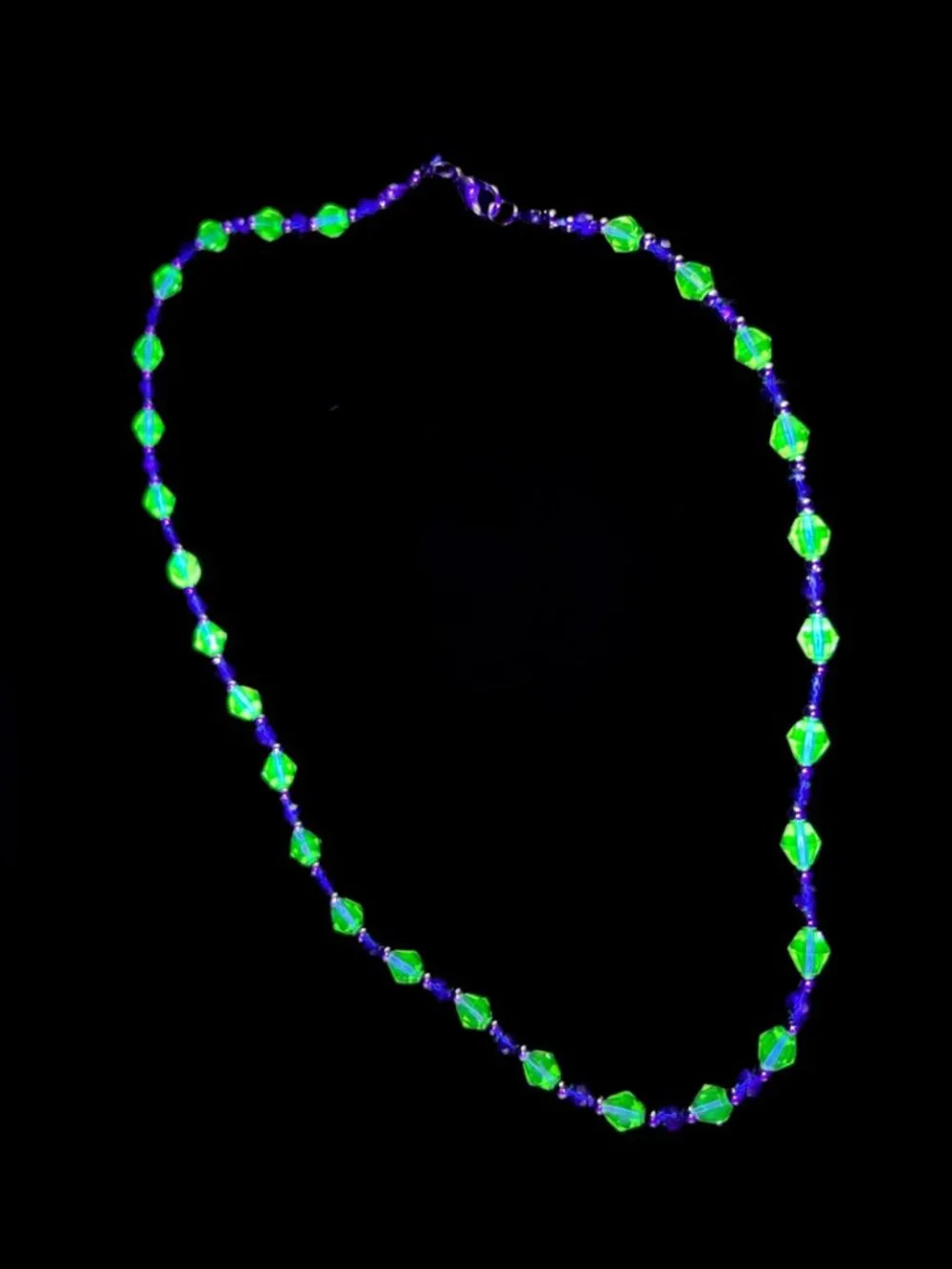 Handmade Uranium Glass Beaded Necklace with Silver-Plated Beads 17.5